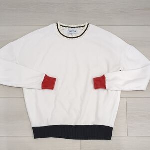 Cactus White XS Velvet Crewneck Sweater with Red Cuffs and Black Hem